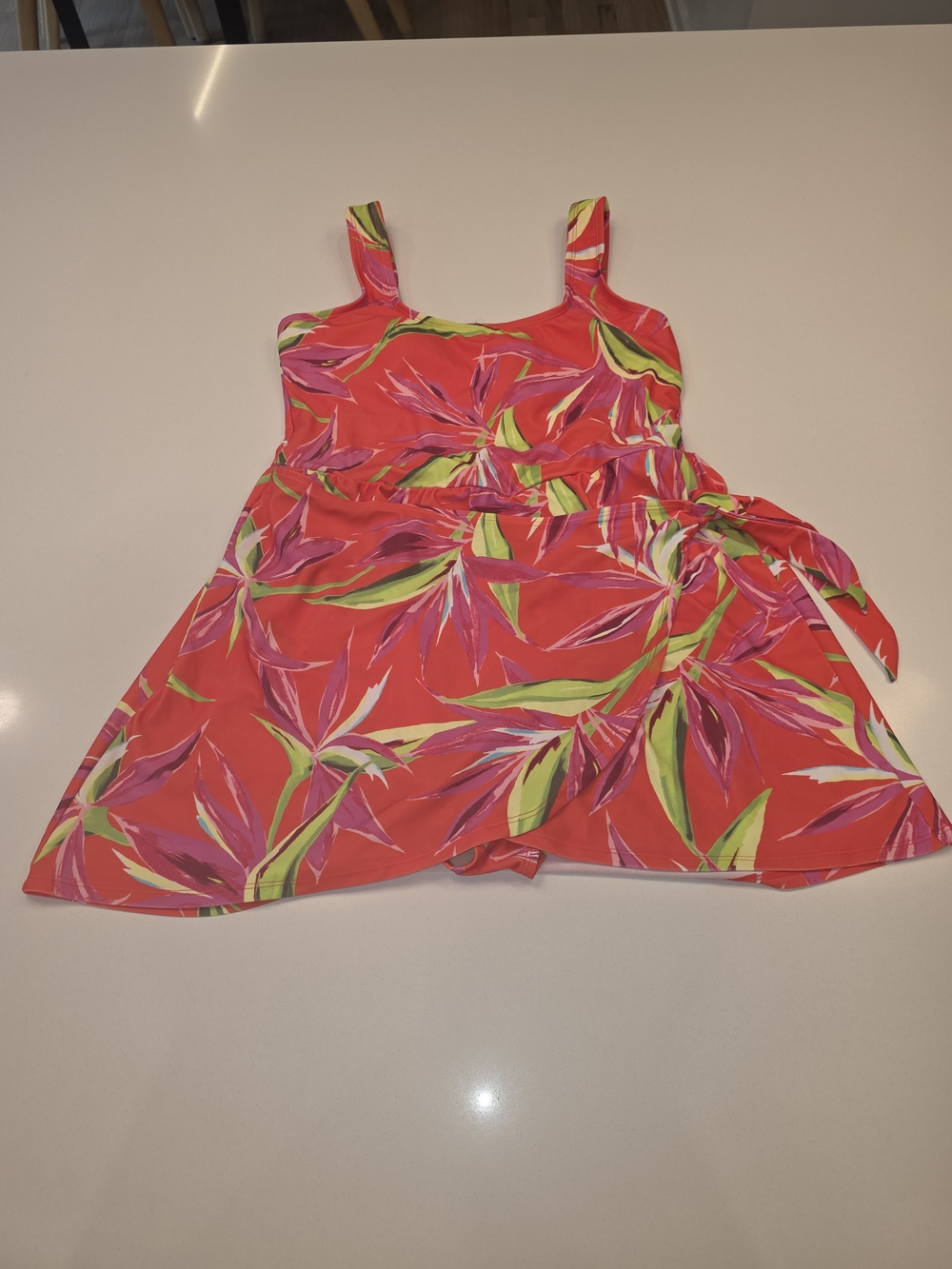 Old Navy Coral Tropical One-Piece Swimsuit with Lime & Pink Leaf Print - Picture 2 of 15